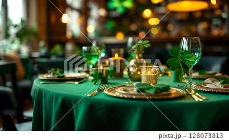 A stunningly set table for St. Patrick's Day, featuring green decor that amplifies the festive spirit A stunningly set table for St. Patrick's Day, featuring green decor that amplifies the festive spirit 128073813