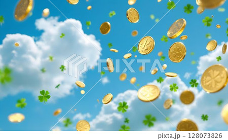 Golden coins fall upward into the sky, accompanied by green leaves, symbolizing the luck of St. Patrick's Day Golden coins fall upward into the sky, accompanied by green leaves, symbolizing the luck of St. Patrick's Day 128073826