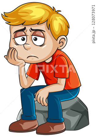 Sad Boy Sitting on a Rock Illustration Sad Boy Sitting on a Rock Illustration 128073971