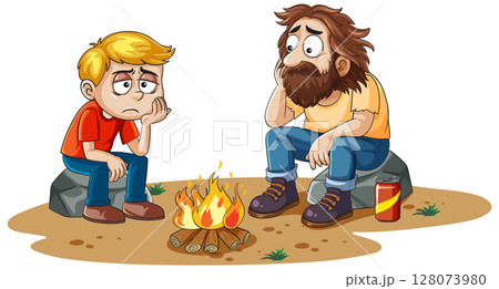 Two Characters Sitting by a Campfire 128073980