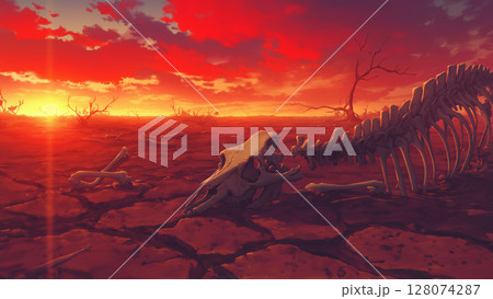 夕焼けの砂漠の干からびた巨大生物の骨、アニメ風 夕焼けの砂漠の干からびた巨大生物の骨、アニメ風 128074287