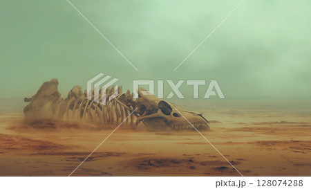 霧の砂漠の干からびている巨大生物の骨、アニメ風 128074288