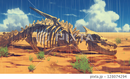 通り雨が降る砂漠の干からびた巨大生物の骨、アニメ風 128074294