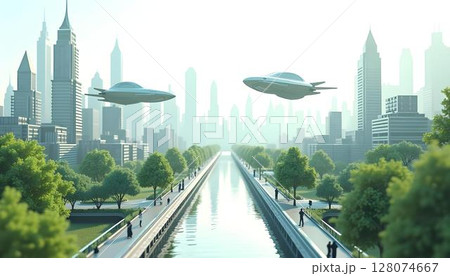 Flying plane over the river. Futuristic city landscape Flying plane over the river. Futuristic city landscape 128074667