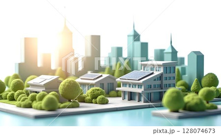 3d render of green city with solar panels on the roof and trees 128074673