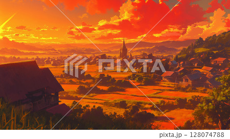 夕焼けの平和な町の風景、アニメ風 128074788