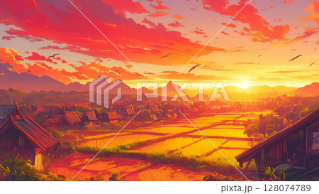 夕日が沈む平和な田園の町の風景、アニメ風 128074789