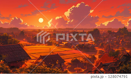 夕日が沈んでいく平和な町の風景、アニメ風 128074791