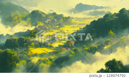 霧に覆われたのどかな山村の風景、アニメ風 霧に覆われたのどかな山村の風景、アニメ風 128074792