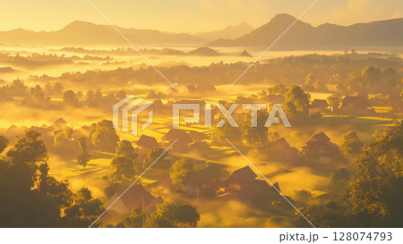 太陽光で黄色いのどかな町の風景、アニメ風 128074793