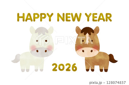 水彩風 ペアの馬が並んだ干支キャラクター（2026・午）HAPPY NEW YEAR