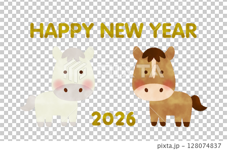 水彩風 ペアの馬が並んだ干支キャラクター(2026・午)HAPPY NEW YEAR 水彩風 ペアの馬が並んだ干支キャラクター(2026・午)HAPPY NEW YEAR 128074837