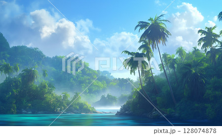 ジャングルと海の風景、アニメ風 128074878