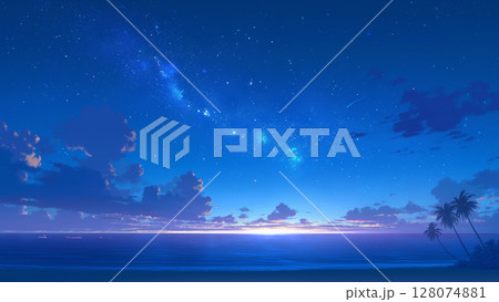 夜の南国の海と空の風景、アニメ風 128074881