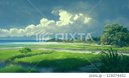 曇り空の草が生えているビーチの風景、アニメ風 128074882