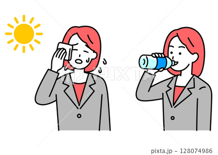 熱中症対策をするスーツの女性　セット 128074986