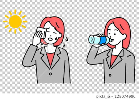 熱中症対策をするスーツの女性　セット 128074986