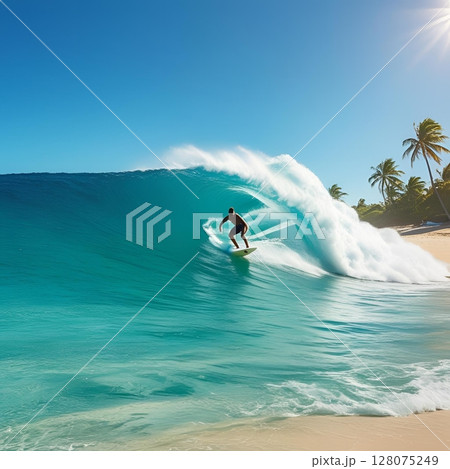南国の美しいビーチで遊ぶサーファー 南国の美しいビーチで遊ぶサーファー 128075249