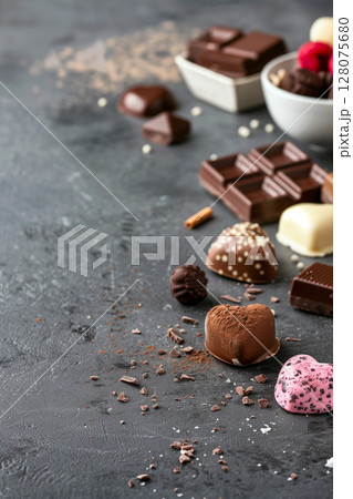 Top view of heart-shaped chocolates in brown and white on dark background 128075680