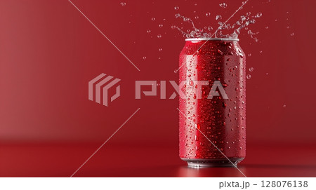 Red drink tin blank container in water with splashing bubble for mockup promotion product 128076138