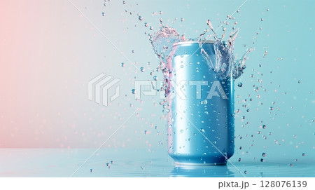 Blue drink tin blank container in water with splashing bubble for mockup promotion product 128076139