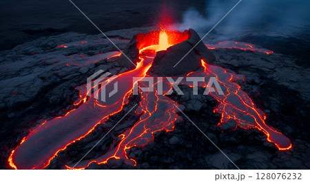 夜間に噴火する火山 溶岩流の壮大な自然現象	 128076232