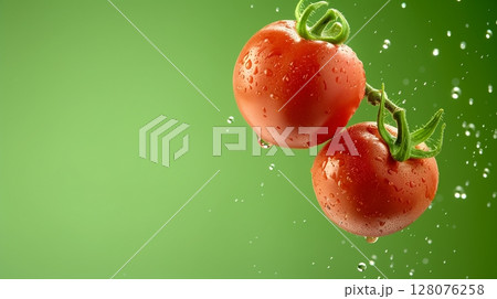 Tomato fruit flying in water with bubble, organic botanical gardening real food 128076258