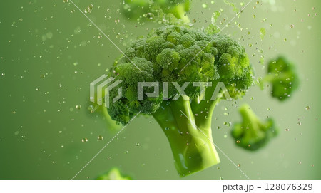 Broccoli vegetable flying in water with bubble natural organic gardening 128076329