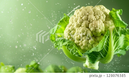 Cauliflower bean vegetable flying in water with bubble natural organic gardening 128076385