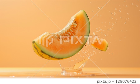 Melon fruit flying in water with bubble, organic botanical gardening real food 128076422