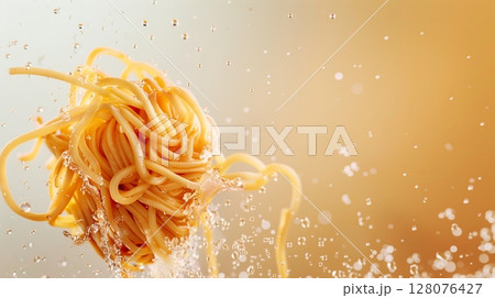 Noodle roll gluten free flying in water with bubble for branding promotion 128076427