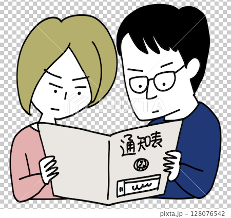 子供の通信簿を見るお父さんお母さん 128076542