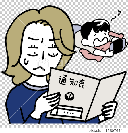 一位母親看著孩子的成績單,而孩子卻一直在玩遊戲 一位母親看著孩子的成績單,而孩子卻一直在玩遊戲 128076544