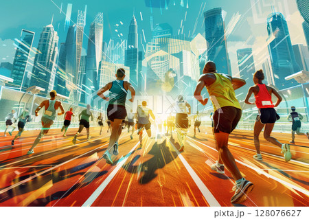 running marathon illustrator background and group of runners for poster .Generative AI 128076627