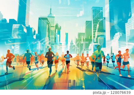 running marathon illustrator background and group of runners for poster .Generative AI 128076639