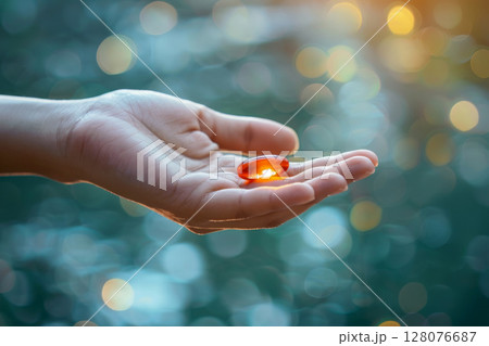 hand woman a Omega 3 oil or Vitamin D capsule tablet, Generative AI. 128076687