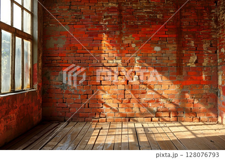 Red brick wall texture and wood floor background, Generative AI 128076793