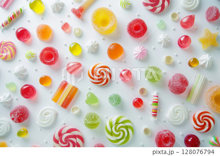 assorted jelly gum fruit candy on white background top view. Generative AI. 128076794