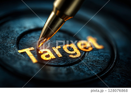 A golden bullet with a sharp tip is precisely approaching a metallic. 128076868