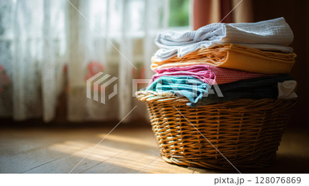 A close-up shot of a wicker basket overflowing with vibrant, neatly stacked clean laundry. The basket sits on a wooden surface, 128076869