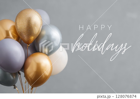 Colorful party balloons with happy holidays text against isolated background. 128076874