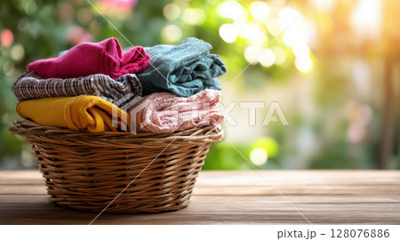 A close-up shot of a wicker basket overflowing with vibrant, neatly stacked clean laundry. The basket sits on a wooden surface, 128076886