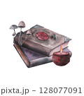 Witch's magical book with pentagram, red wax candle, mushrooms isolated on white. Watercolor hand drawn dark fantasy sketch illustration. Art design mystical halloween witch decoration greeting card 128077091