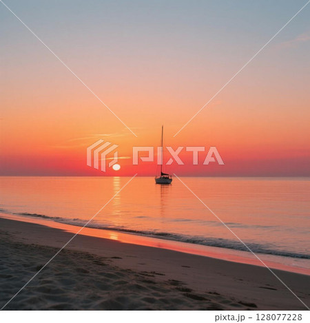 海に沈む夕日と一隻のヨット 128077228