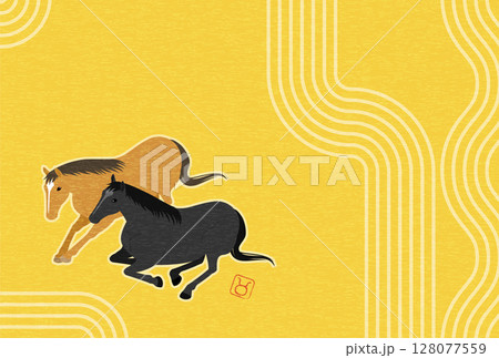 2026年午年の和風年賀状、横たわる馬のシンプルなアイソメトリックイラスト 2026年午年の和風年賀状、横たわる馬のシンプルなアイソメトリックイラスト 128077559