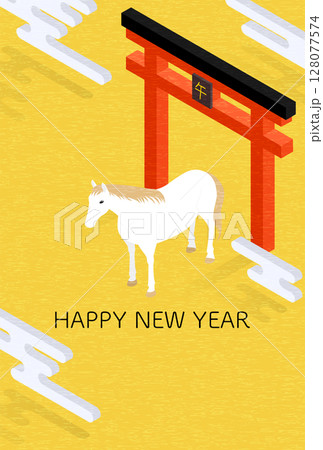 2026年午年の和風年賀状、馬と鳥居のシンプルなアイソメトリックイラスト 2026年午年の和風年賀状、馬と鳥居のシンプルなアイソメトリックイラスト 128077574