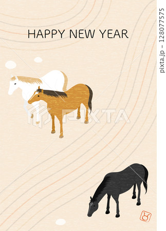 2026年午年の和風年賀状、馬と枯山水のシンプルなアイソメトリックイラスト 2026年午年の和風年賀状、馬と枯山水のシンプルなアイソメトリックイラスト 128077575