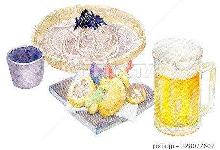 水彩イラスト　手描きイラスト　天ざる蕎麦とビールのセット 128077607