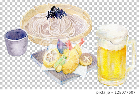 水彩イラスト　手描きイラスト　天ざる蕎麦とビールのセット 128077607