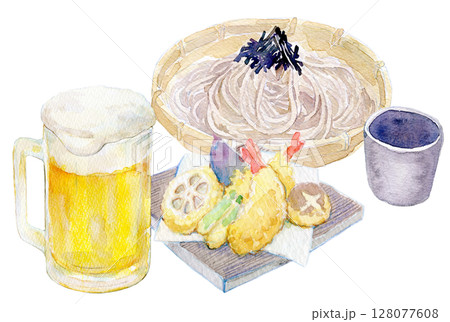 水彩イラスト　手描きイラスト　天ざる蕎麦とビールのセット 128077608